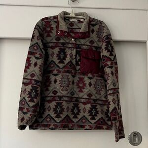 Aztec Print Sherpa Pullover in Gray and Burgundy southwest vintage